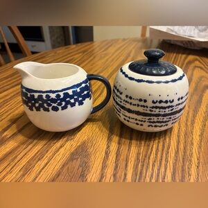 Blue and White Ceramic Creamer and Sugar Set